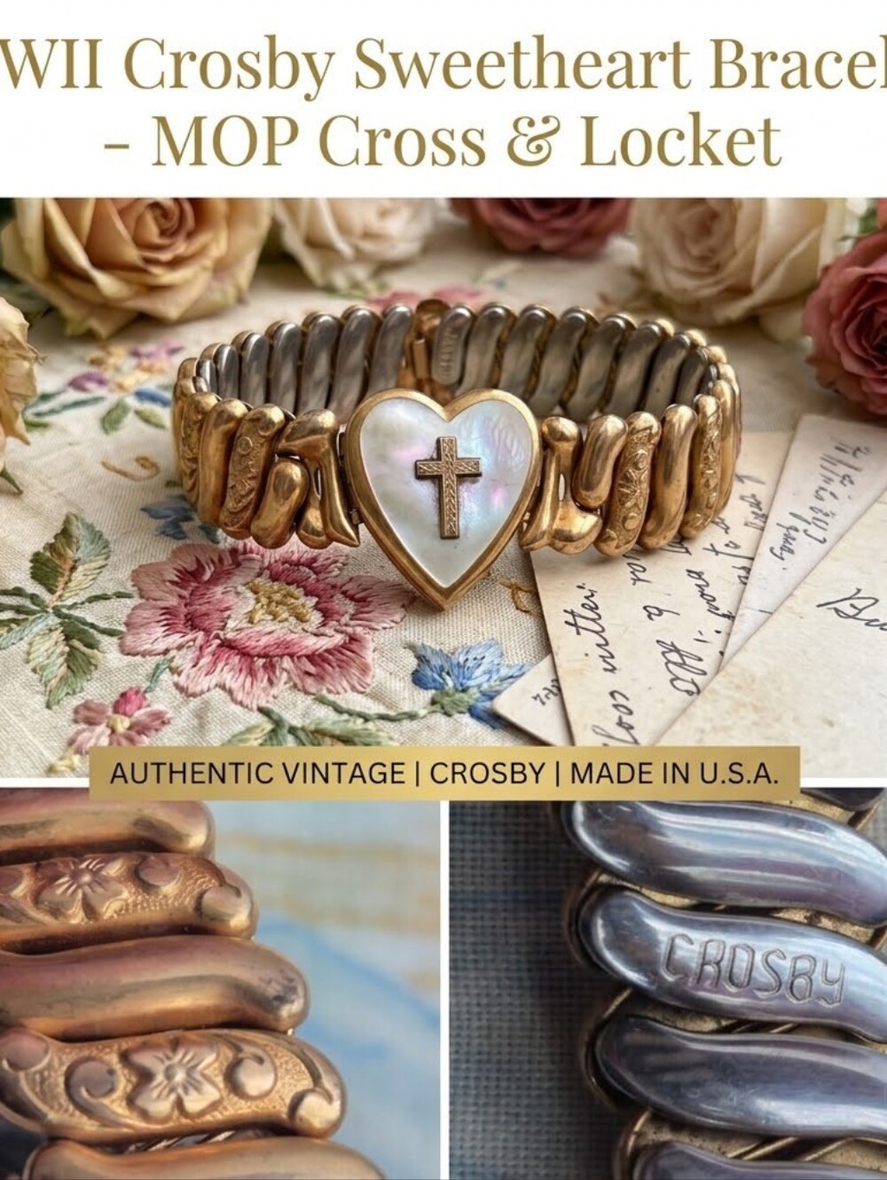 🌙Vintage WWII Crosby Sweetheart Locket Bracelet Mother o Pearl Cross Gold Fill